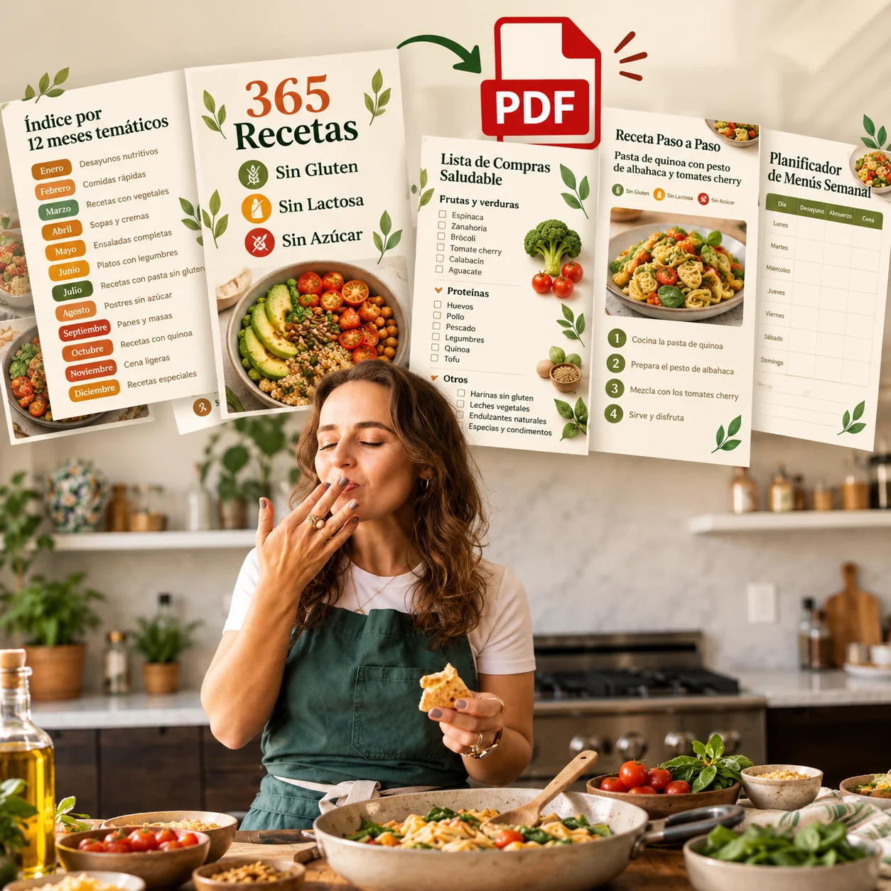 Recetario 365 Recetas sin Gluten, sin Lactosa y sin Azúcar en PDF, con sus páginas de índice, recetas y planificador